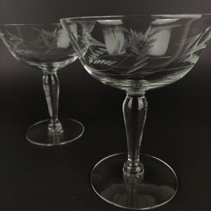 Vintage Etched Leaves/Flower Coupe Glasses, 1 Pair